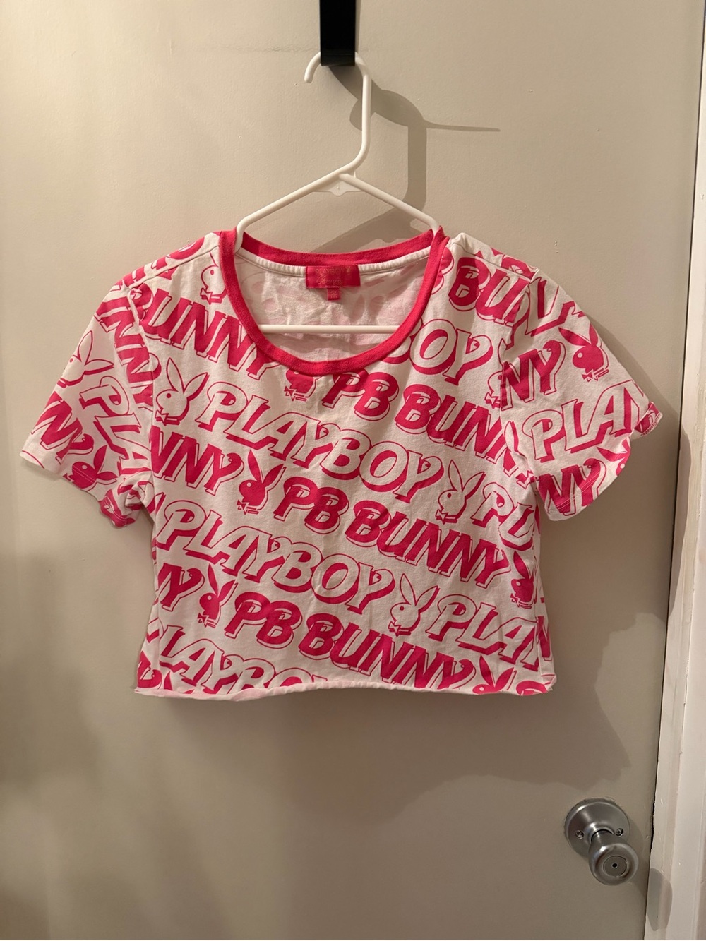 PLAYBOY White Tee with Pink Trim and Logo